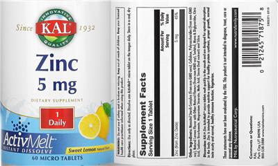 Photo of the KAL Zinc 5 mg Sweet Lemon label