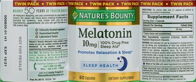Photo of the Nature's Bounty Melatonin 10 mg label