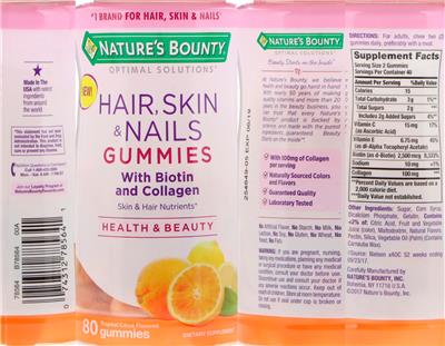 Photo of the Nature's Bounty Optimal Solutions Hair, Skin & Nails Gummies Tropical Citrus Flavored label
