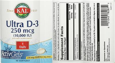 Photo of the KAL Ultra D-3 250 mcg (10,000 IU) label