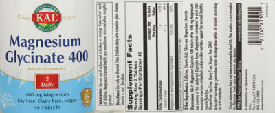 Photo of the KAL Magnesium Glycinate 400 label