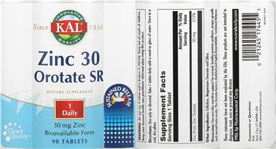 Photo of the KAL Zinc 30 Orotate SR 30 mg label