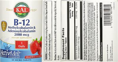 Photo of the KAL B-12 Methylcobalamin & Adenosylcobalamin 2000 mcg Mixed Berry label