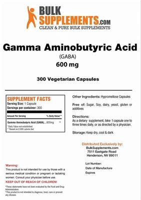 Photo of the BulkSupplements.com Gamma Aminobutyric Acid 600 mg label