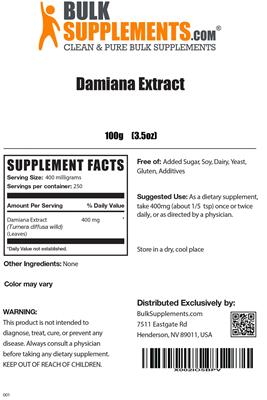 Photo of the BulkSupplements.com Damiana Extract label