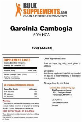 Photo of the BulkSupplements.com Garcinia Cambogia 60% HCA label