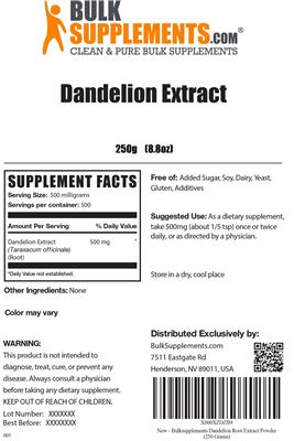 Photo of the BulkSupplements.com Dandelion Extract label
