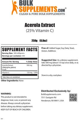 Photo of the BulkSupplements.com Acerola Extract (25% Vitamin C) label
