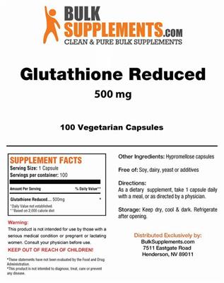 Photo of the BulkSupplements.com Glutathione Reduced 500 mg label
