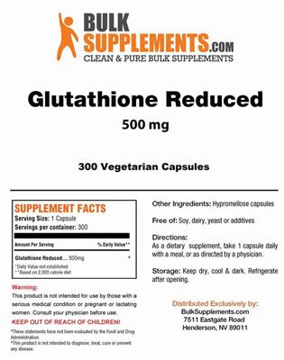 Photo of the BulkSupplements.com Glutathione Reduced 500 mg label