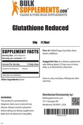 Photo of the BulkSupplements.com Glutathione Reduced label