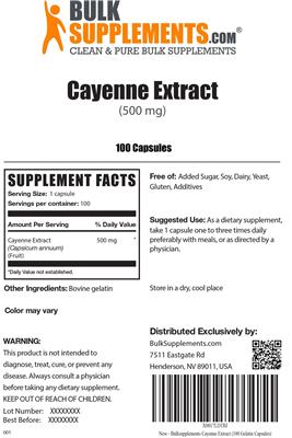 Photo of the BulkSupplements.com Cayenne Extract (500 mg) label