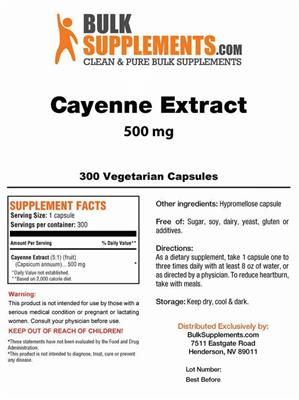 Photo of the BulkSupplements.com Cayenne Extract 500 mg label