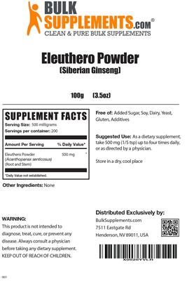 Photo of the BulkSupplements.com Eleuthero Powder (Siberian Ginseng) label