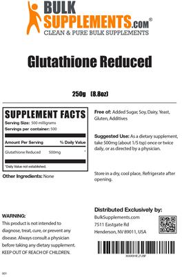 Photo of the BulkSupplements.com Glutathione Reduced label