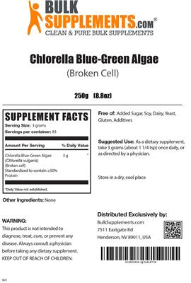 Photo of the BulkSupplements.com Chlorella Blue-Green Algae (Broken Cell) label