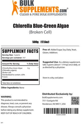 Photo of the BulkSupplements.com Chlorella Blue-Green Algae (Broken Cell) label