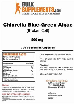 Photo of the BulkSupplements.com Chlorella Blue-Green Algae (Broken Cell) label
