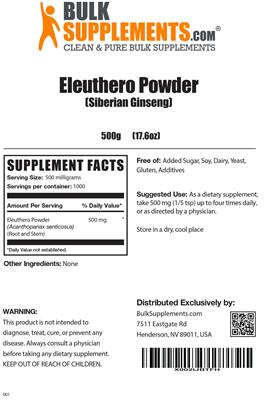 Photo of the BulkSupplements.com Eleuthero Powder (Siberian Ginseng) label