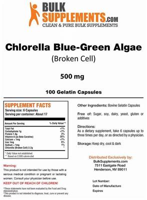 Photo of the BulkSupplements.com Chlorella Blue-Green Algae (Broken Cell) label