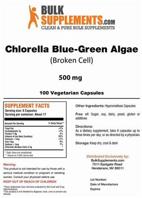 Photo of the BulkSupplements.com Chlorella Blue-Green Algae (Broken Cell) label