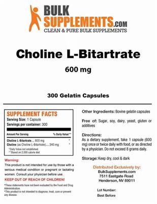 Photo of the BulkSupplements.com Choline L-Bitartrate 600 mg label