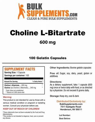 Photo of the BulkSupplements.com Choline L-Bitartrate 600 mg label