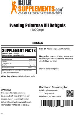 Photo of the BulkSupplements.com Evening Primrose Oil Softgels (1000 mg) label
