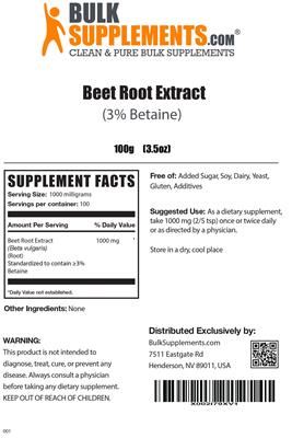 Photo of the BulkSupplements.com Beet Root Extract (3% Betaine) label