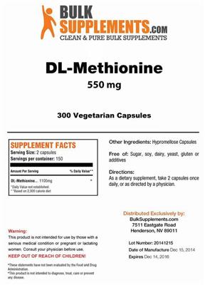 Photo of the BulkSupplements.com DL-Methionine 550 mg label