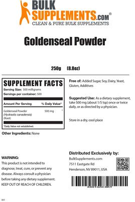 Photo of the BulkSupplements.com Goldenseal Powder label
