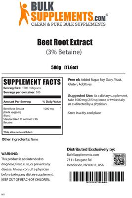 Photo of the BulkSupplements.com Beet Root Extract (3% Betaine) label