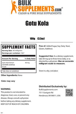 Photo of the BulkSupplements.com Gotu Kola label