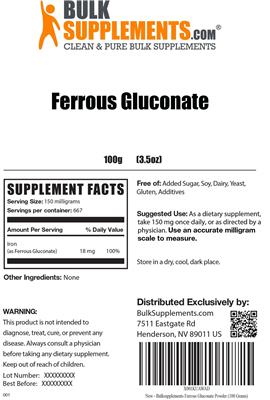 Photo of the BulkSupplements.com Ferrous Gluconate label