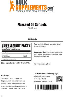 Photo of the BulkSupplements.com Flaxseed Oil Softgels (1000 mg) label