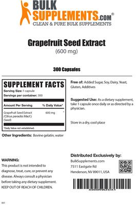 Photo of the BulkSupplements.com Grapefruit Seed Extract (600 mg) label