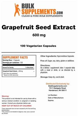 Photo of the BulkSupplements.com Grapefruit Seed Extract (600 mg) label