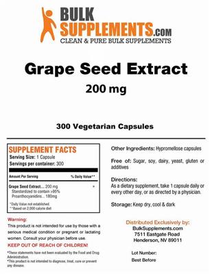 Photo of the BulkSupplements.com Grape Seed Extract 200 mg label