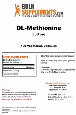 Photo of the BulkSupplements.com DL-Methionine 550 mg label