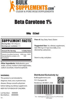 Photo of the BulkSupplements.com Beta Carotene 1% label