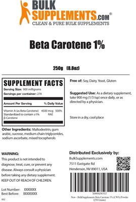 Photo of the BulkSupplements.com Beta Carotene 1% label