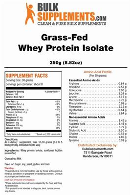 Photo of the BulkSupplements.com Grass-Fed Whey Protein Isolate label