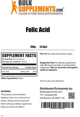 Photo of the BulkSupplements.com Folic Acid label