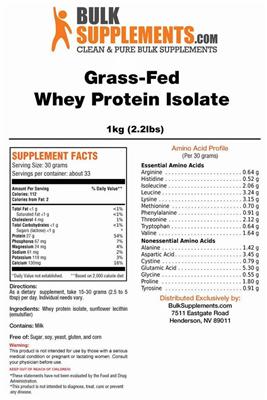 Photo of the BulkSupplements.com Grass-Fed Whey Protein Isolate label