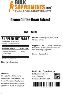 Product label for Green Coffee Bean Extract