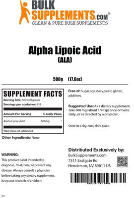 Photo of the BulkSupplements.com Alpha Lipoic Acid label