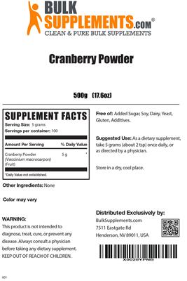 Photo of the BulkSupplements.com Cranberry Powder label