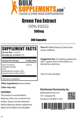 Photo of the BulkSupplements.com Green Tea Extract (50% EGCG) 500 mg label