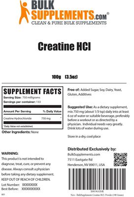 Photo of the BulkSupplements.com Creatine HCL label