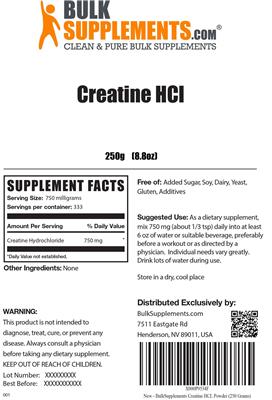Product label for Creatine HCL